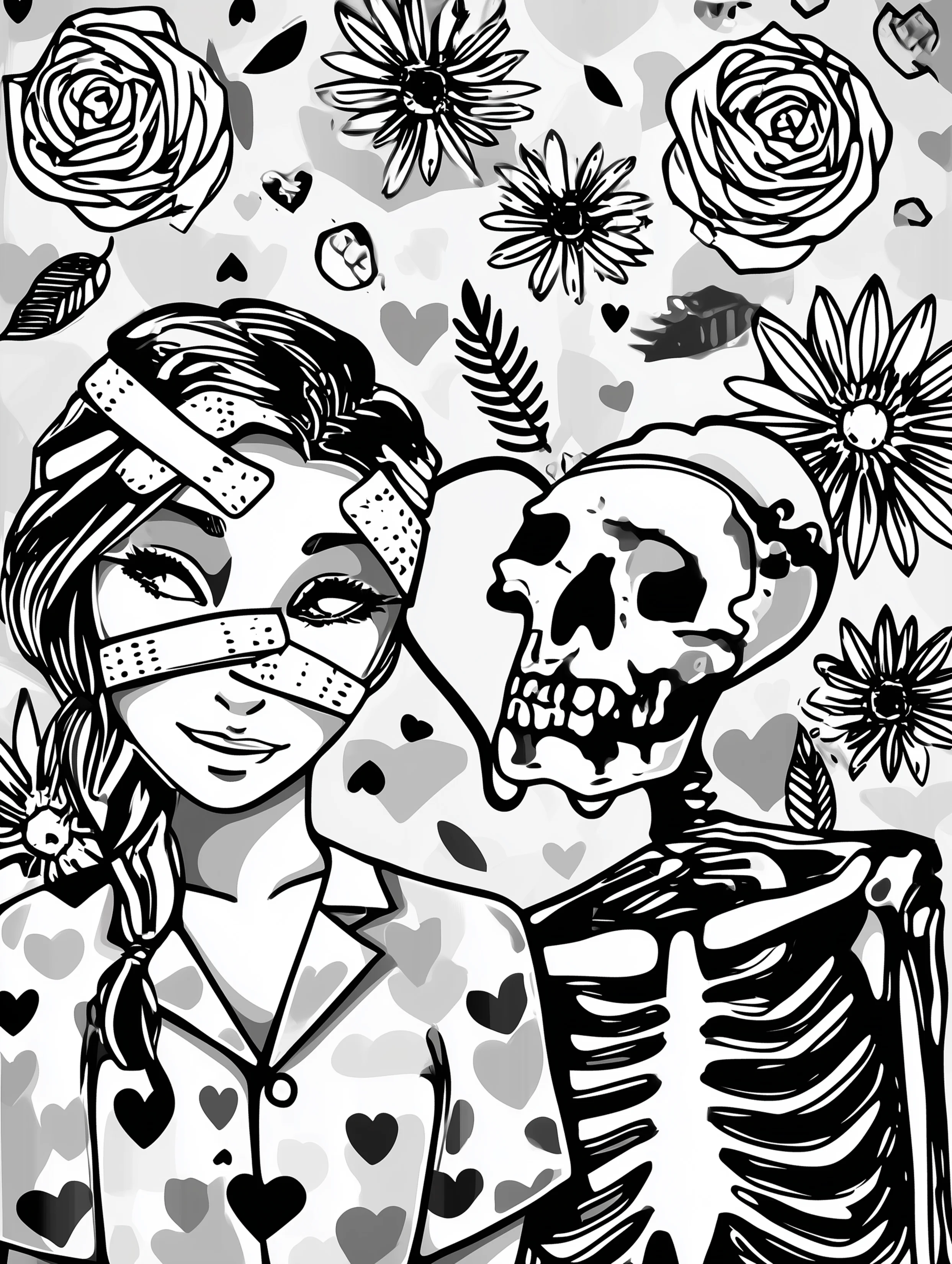 Free printable nursing coloring page for adults featuring a nurse with bandages on the face